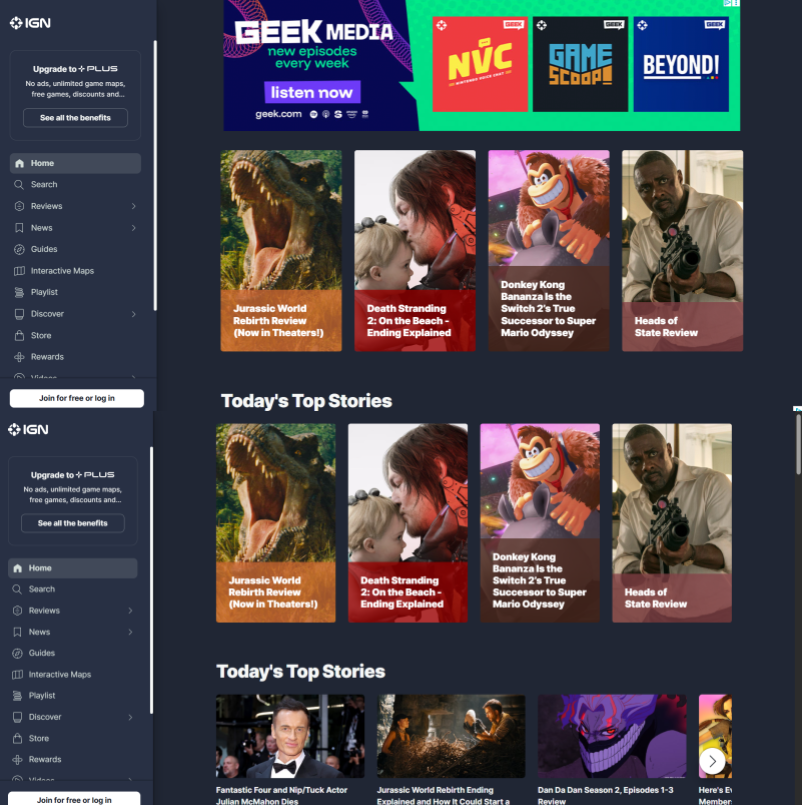 An IGN webpage with header advertisements.